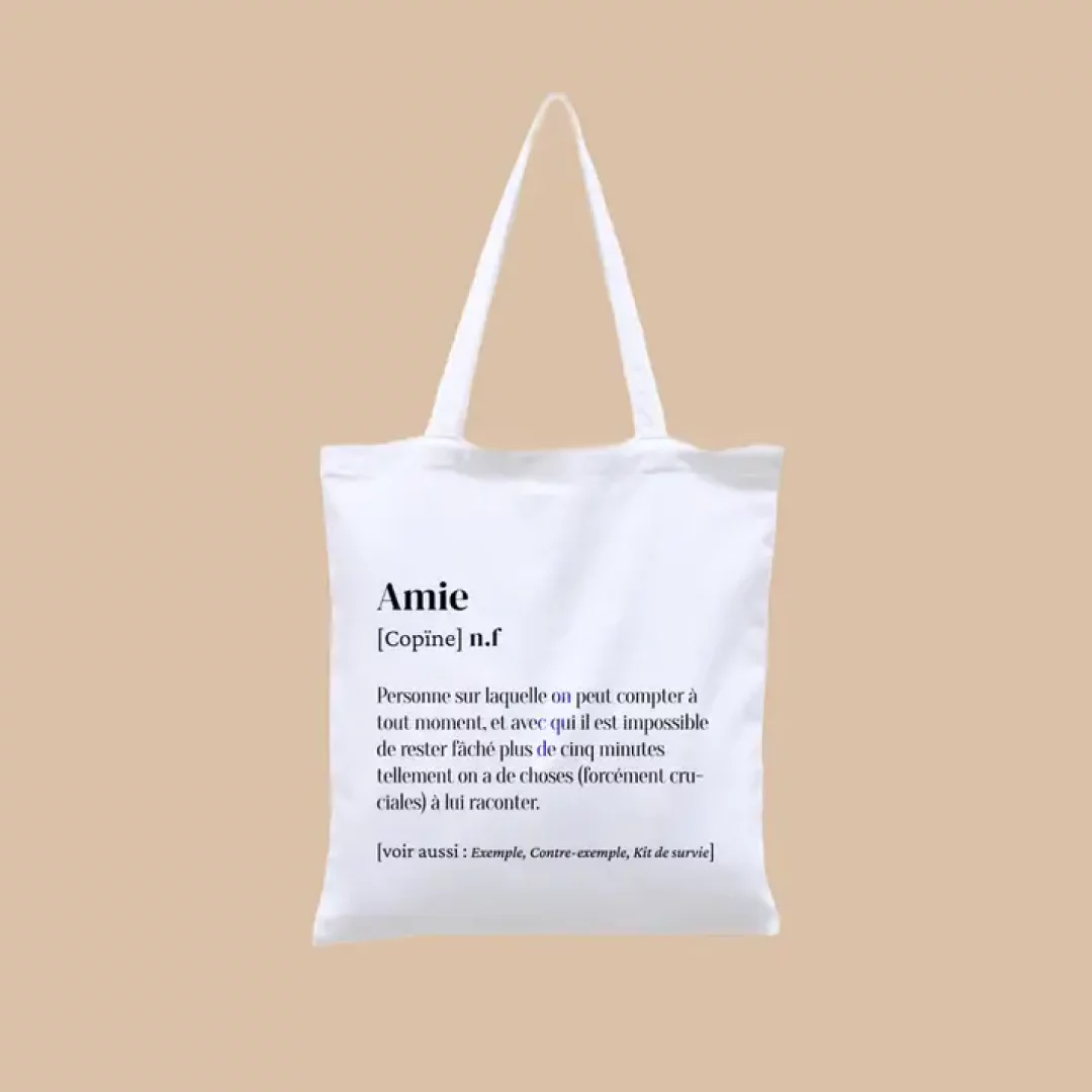 Tote bag blanc avec description amie